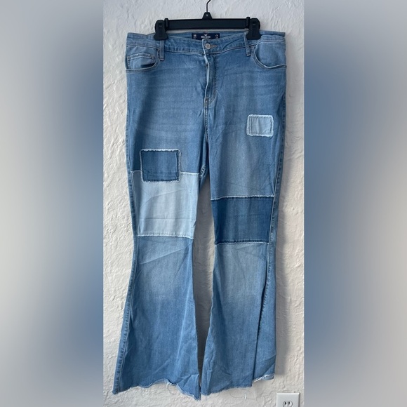 Hollister Denim - Hollister Patchwork High Rise Flare Raw Hem Soft Stretch Denim Jeans; 19 34/31